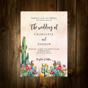 Cactus flowers rustic rose gold luxury wedding invitation