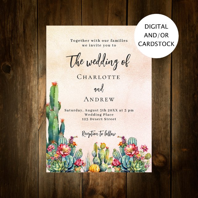 Cactus flowers rustic rose gold wedding  invitation (Creator Uploaded)