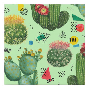Cactus Flowers: Watercolor Geometric Background. Faux Canvas Print