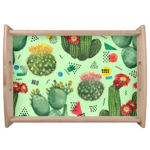 Cactus Flowers: Watercolor Geometric Background. Serving Tray