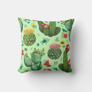 Cactus Flowers: Watercolor Geometric Background. Throw Pillow