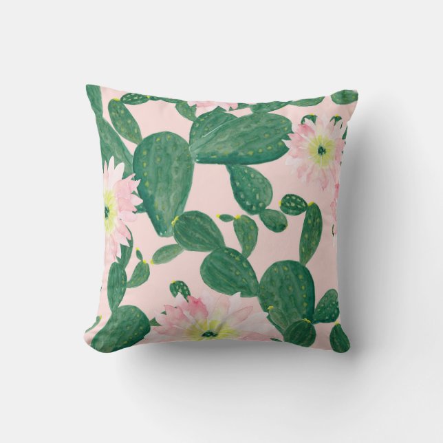 Cactus Flowers: Watercolor Painting Throw Pillow (Front)