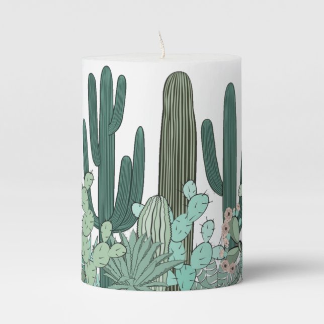 Cactus Garden Art Pillar Candle (Front)