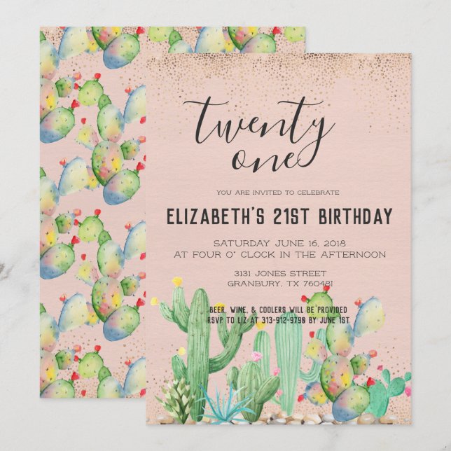 Cactus Garden Themed 21st Birthday Party Invitation (Front/Back)