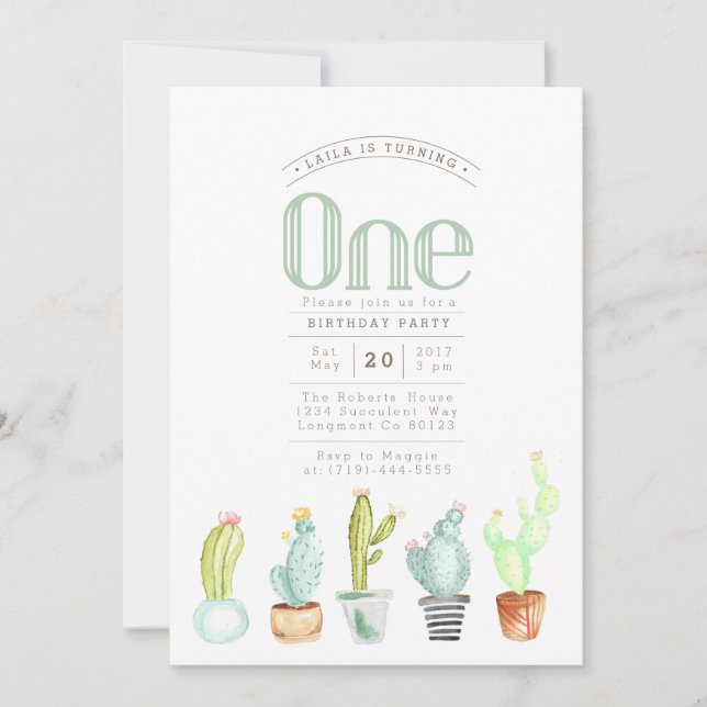 Cactus Garden | Watercolor First Birthday Invite (Front)