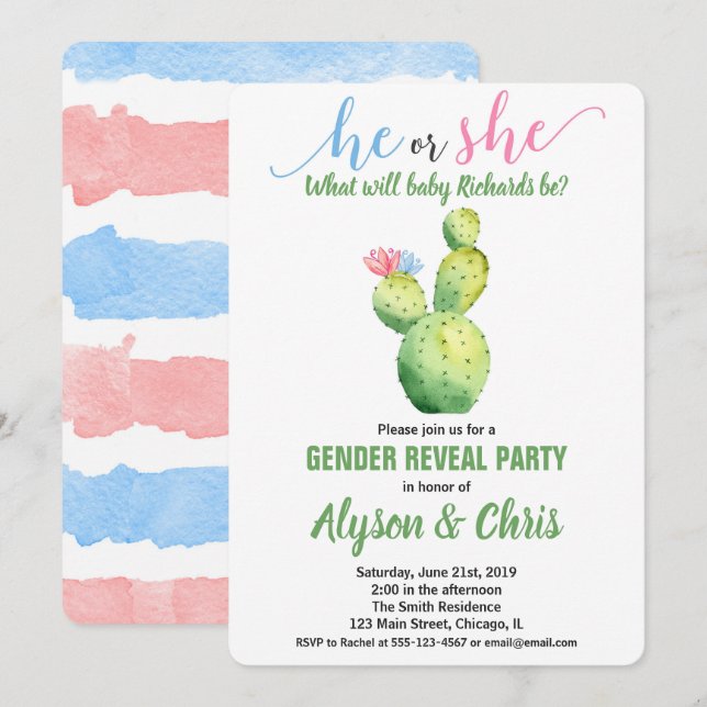 Cactus gender reveal invitation fiesta succulent (Front/Back)