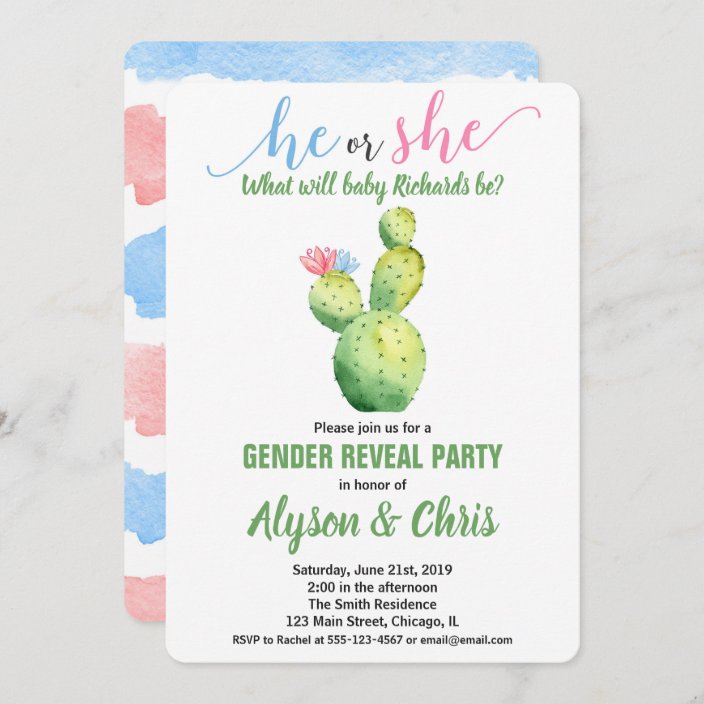 succulent cactus themed Gender Reveal Fiesta invitation printed invitations min order of 20