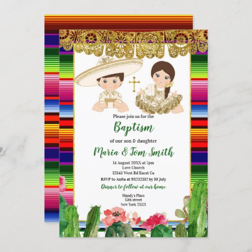 Cactus gold Baptism Fiesta Twin Invitation