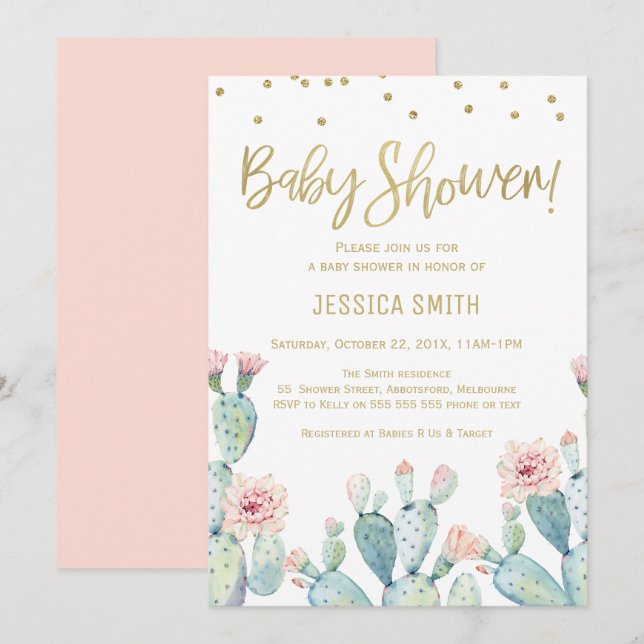 Cactus Gold Calligraphy Baby Shower Invitation (Front/Back)