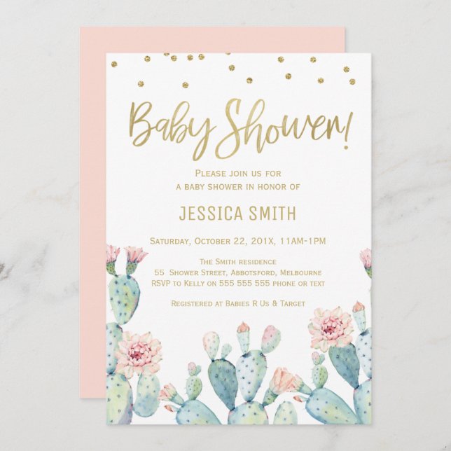 Cactus Gold Calligraphy Baby Shower Invitation (Front/Back)