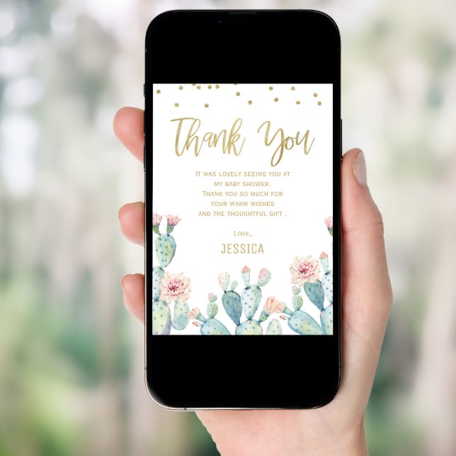 Cactus Gold Calligraphy Baby Shower Thank You Card (Front Digital)