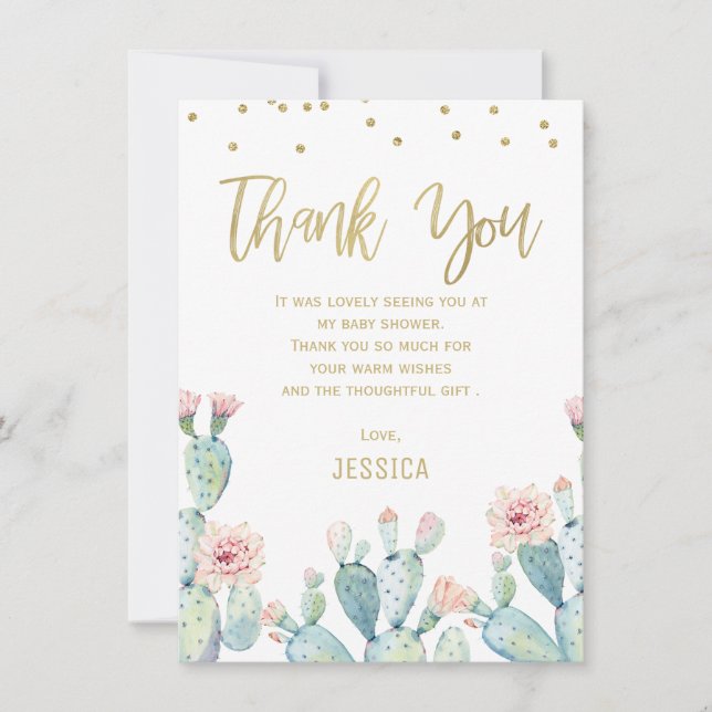 Cactus Gold Calligraphy Baby Shower Thank You Card (Front)