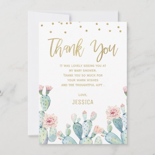 Cactus Gold Calligraphy Baby Shower Thank You Card