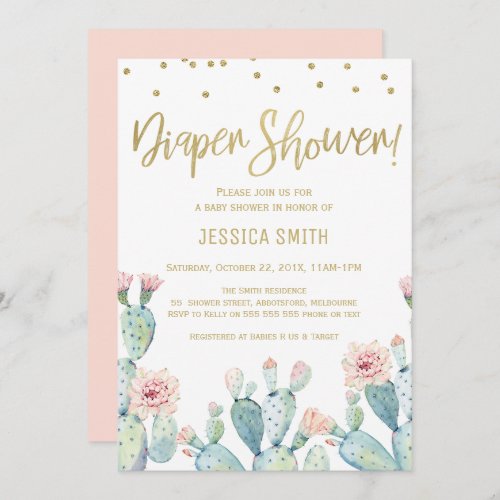 Cactus Gold Calligraphy Diaper Baby Shower Invitation