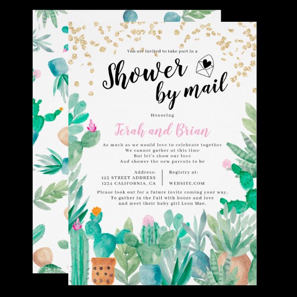 Cactus gold glitter watercolor baby shower by mail invitation