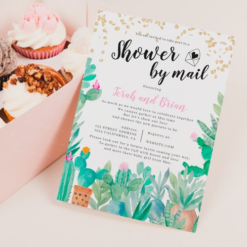 Cactus gold glitter watercolor baby shower by mail invitation
