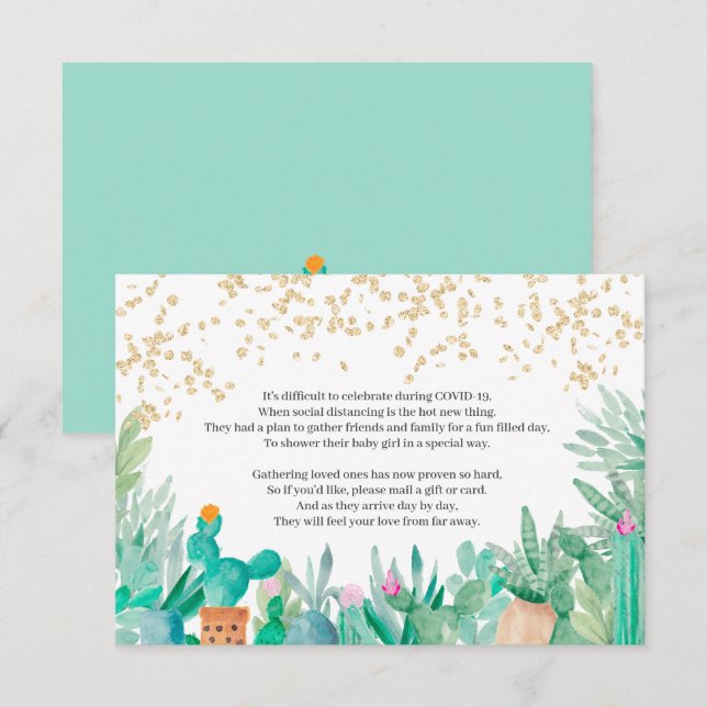Cactus gold glitter watercolor baby shower insert invitation (Front/Back)