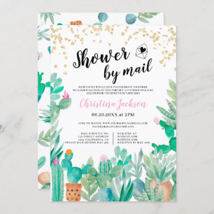 Cactus gold glitter watercolor shower by mail invitation