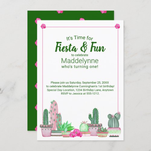 Cactus Green and Pink 1st Birthday Invitation
