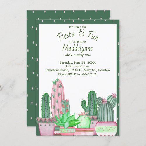 Cactus Green and Pink Birthday Invitation