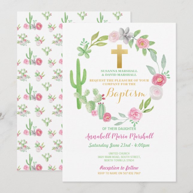 Cactus Green Baptism Christening Cacti Pink Invitation (Front/Back)