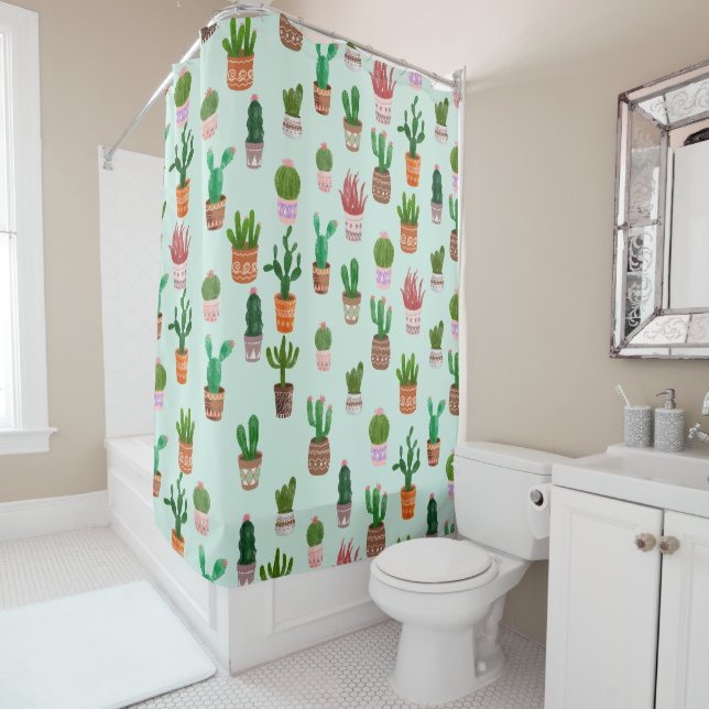 Cactus Green Watercolor Shower Curtain (In Situ)