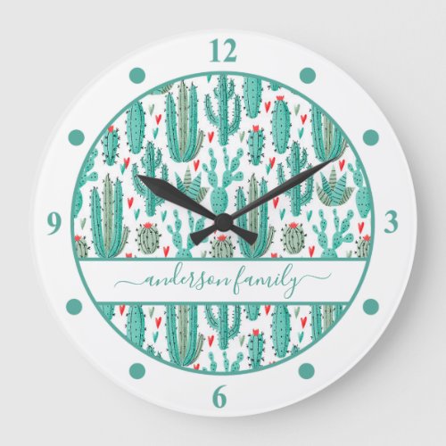 Cactus green white family monogram large clock