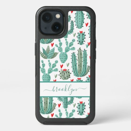 Cactus green white monogram whimsical iPhone 13 case