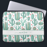 Cactus green white pattern monogram laptop sleeve<br><div class="desc">A chic white background decorated with a whimsical pattern of painted cactus, cacti and succulents and red and green hearts. For teen girls and women. Personalize and add your name. The name is written with a large modern hand lettered style script. Green colored letters. To keep the swashes only delete...</div>