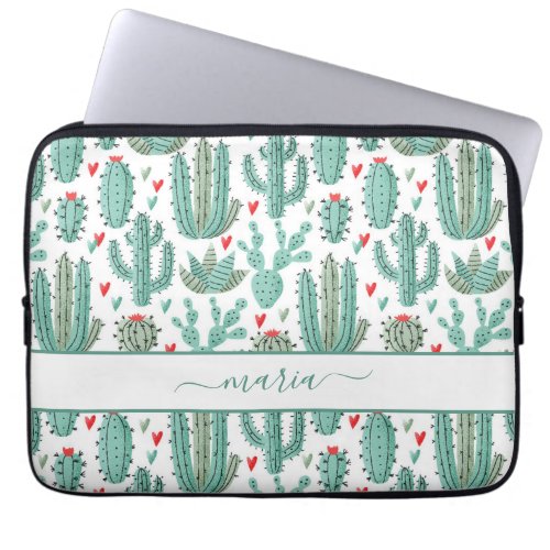 Cactus green white pattern monogram laptop sleeve