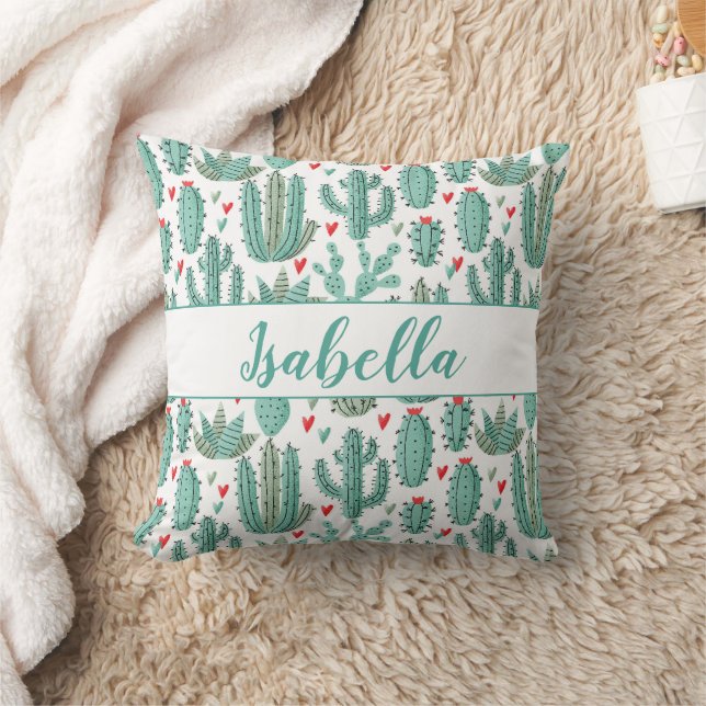 Cactus green white pattern monogram name throw pillow (Blanket)