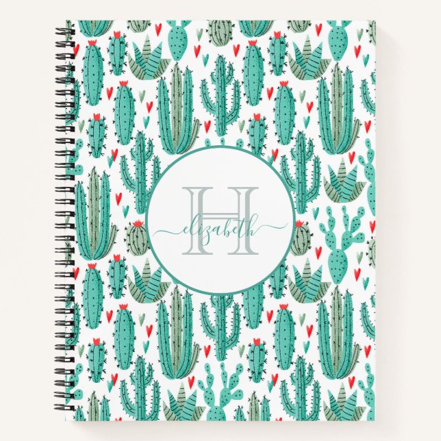 Cactus green white pattern monogram notebook (Front)