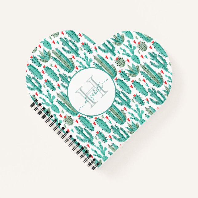 Cactus green white pattern monogrammed notebook (Front)