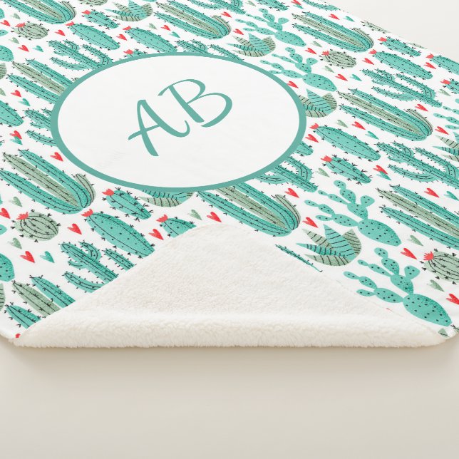 Cactus green white whimsical pattern monogram sherpa blanket (3/4)