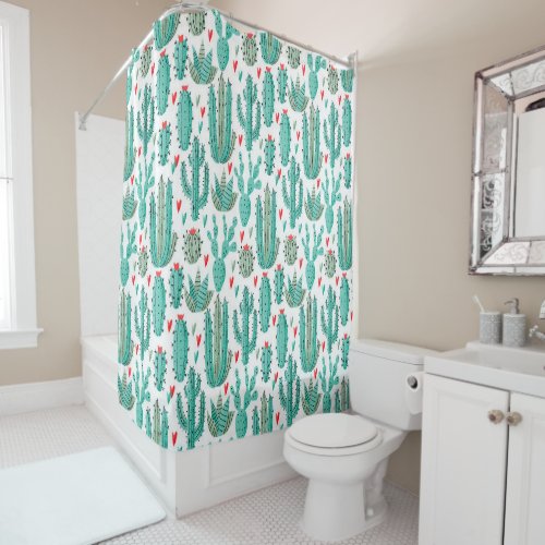 Cactus green white whimsical pattern shower curtain