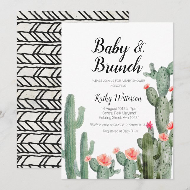 Cactus greenery baby brunch baby shower invitation (Front/Back)