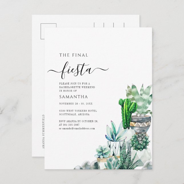 Cactus Greenery Bachelorette Weekend Party Invitation Postcard (Front/Back)