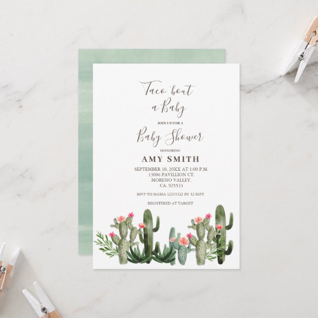 Cactus Greenery Taco 'Bout A Baby Invitation  (Front/Back In Situ)