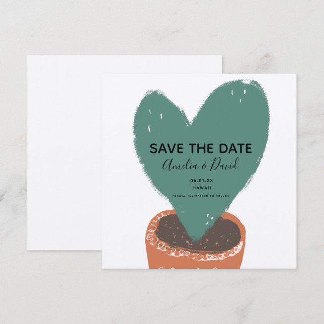 Cactus Hand Drawn Heart Hoya Plant Save the Date (Front/Back)