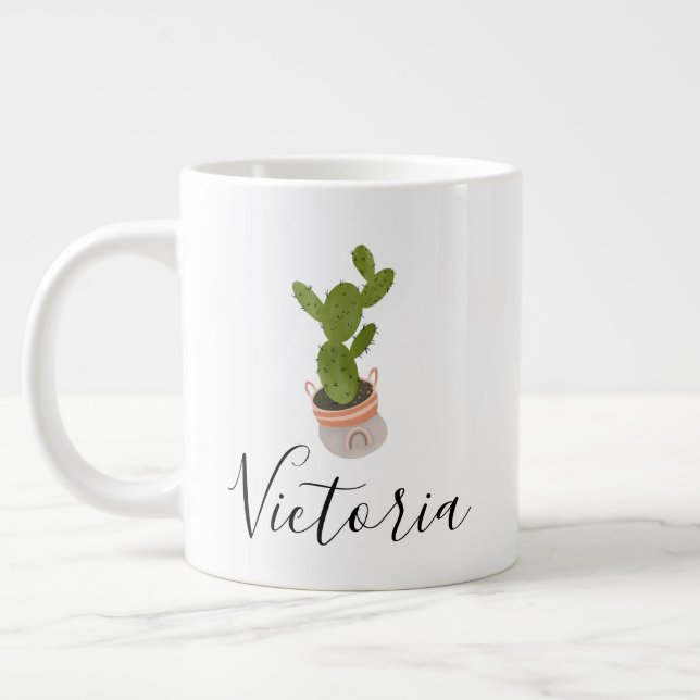 Cactus Hand Drawn Rainbow Pot Name Giant Coffee Mug (Left)
