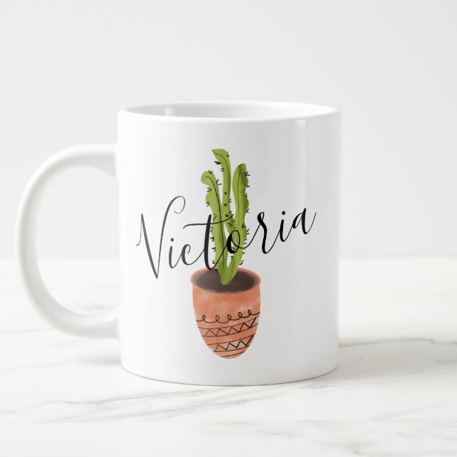 Cactus Hand Drawn Script Name Giant Coffee Mug (Left)