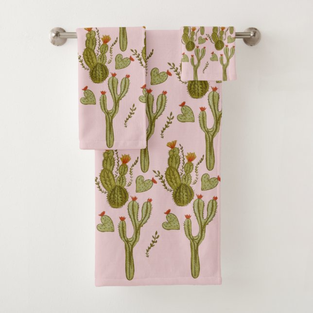 Cactus Hand Painted Watercolor Pink Pattern  Bath Towel Set (Insitu)