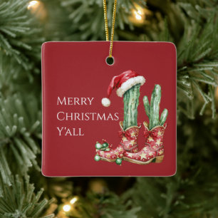 Cactus Hat Stars Western Cowboy Boots Christmas Ceramic Ornament