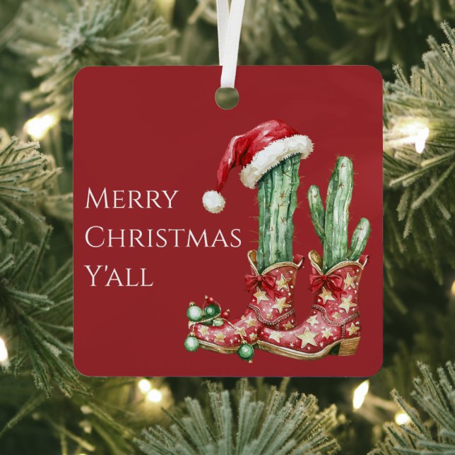 Cactus Hat Stars Western Cowboy Boots Christmas Metal Ornament (Insitu)