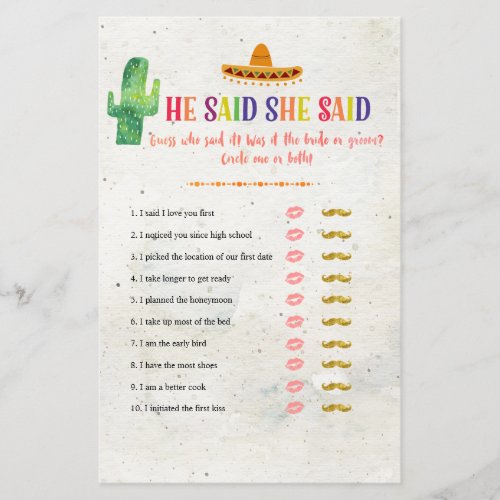 Cactus he said she said bridal shower game card