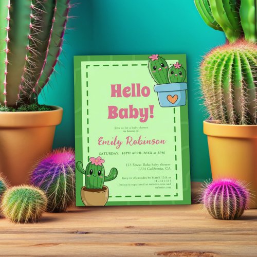 Cactus Hello Baby Shower Green Pink Grass Invitation