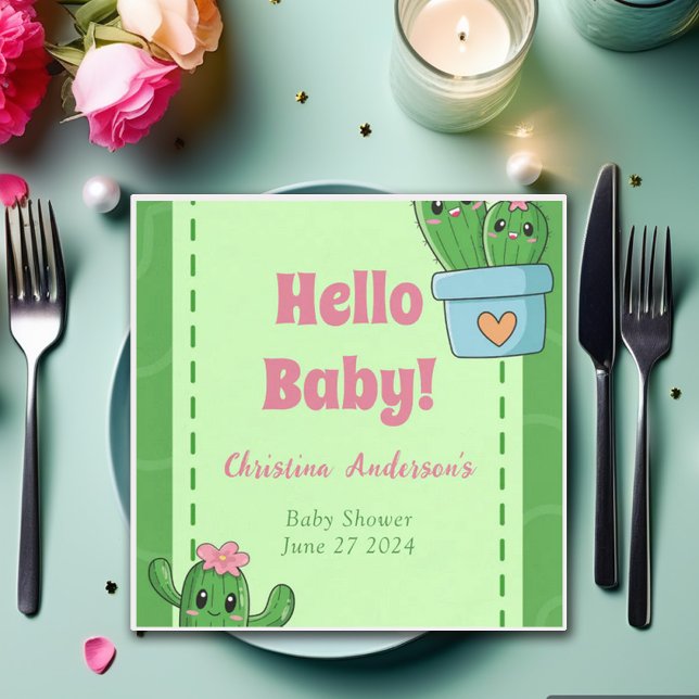 Cactus Hello Baby Shower Green Pink Grass Napkins (Creator Uploaded)