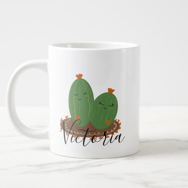 Cactus Hugging Doodle Name Giant Coffee Mug (Left)