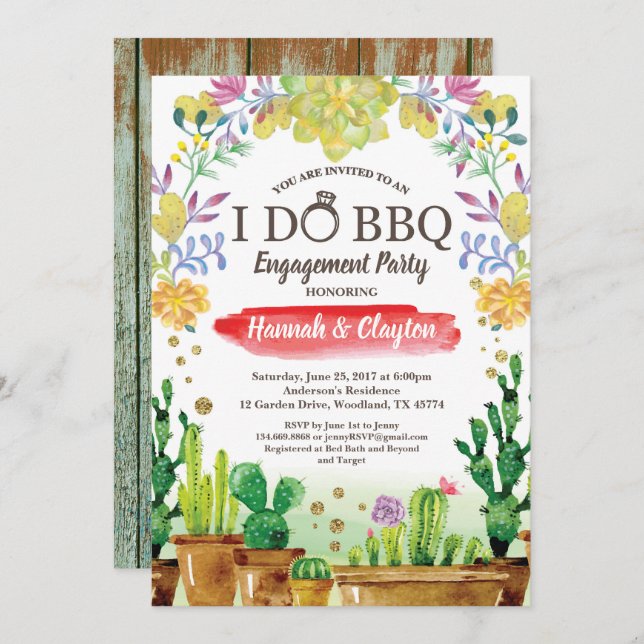 Cactus I do BBQ party invitation - rustic wood (Front/Back)