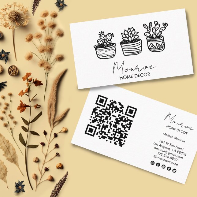 Cactus Illustration Fun Boho Cute QR Social Icons  Business Card (Cute cacti drawings on custom business cards with social media icons and qr code)
